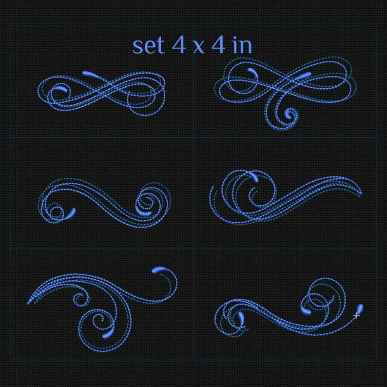 May include: Set of four 4x4 inch blue swirl designs. The swirls are outlined in white and have a dotted pattern.