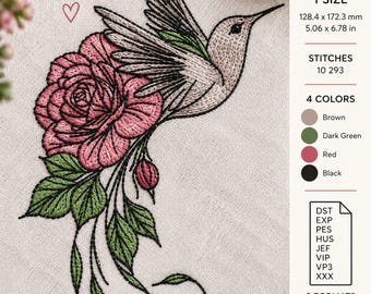 May include: A machine embroidery design featuring a hummingbird hovering over a large pink rose with green leaves. The text reads Stitch Create Enjoy and Nature in Every Stitch. The design measures 5.06 x 6.78 inches and uses brown, dark green, red, and black thread.