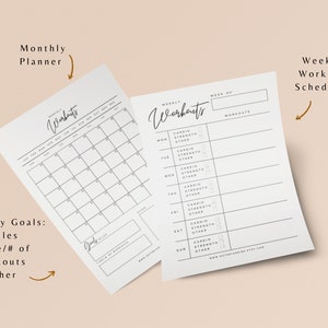 Puede incluir: Planificador de entrenamiento imprimible en blanco y negro con un calendario mensual, un programa de entrenamiento semanal y espacio para objetivos mensuales. El planificador incluye secciones para millas, tiempo, n&uacute;mero de entrenamientos y otros objetivos.
