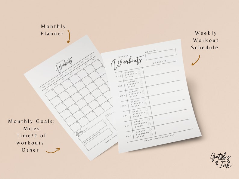 Puede incluir: Planificador de entrenamiento imprimible en blanco y negro con un calendario mensual, un programa de entrenamiento semanal y espacio para objetivos mensuales. El planificador incluye secciones para millas, tiempo, n&uacute;mero de entrenamientos y otros objetivos.