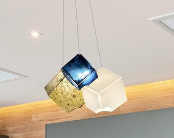 Stained Glass Pendant Light for Kitchen Island | Plug-In Blown Glass Art Lighting with Bubble Effect