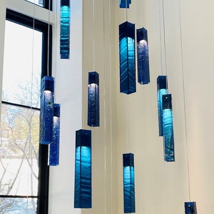 Beach Décor Glass Pendant Light. Sea Glass Art Lighting for Foyer Chandelier or Living Room Lamp. Customized Blue Glass Lamp.