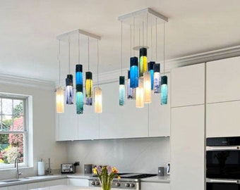 Coastal Lighting: Blue Glass Pendant Light for Kitchen Island Decor. Light Fixtures for Kitchen Art. Sea Glass Decor. Customized