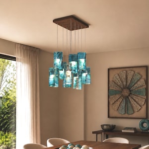 Handgemaakte zeeglazen lampen. Unieke glazen lampenkap, geblazen glazen plafondlamp