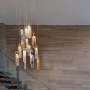 Staircase Chandelier Lighting, Unique Entryway Decor. Large Glass Pendant Light for Foyer or Hallway Lighting. Fully Customized