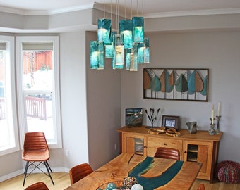 Island Lighting or Dine Light Fixture. Turquoise Lamp for Kitchen Pendant Lighting. Unique Chandelier Made of Art Glass.