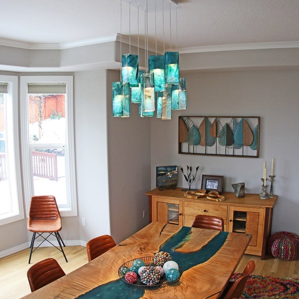 Island Lighting or Dine Light Fixture. Turquoise Lamp for Kitchen Pendant Lighting. Unique Chandelier Made of Art Glass.