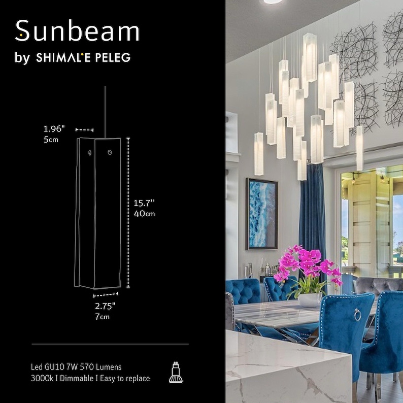 The image is a collage of two photos. The left photo shows a black and white drawing of a rectangular object with measurements and a scale, while the right photo depicts a modern dining room with a chandelier and a vase of pink flowers on a table.