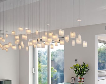 Glass Ceiling Lighting; Modern Chandelier for Dining Room Lighting. Handmade of Glass Alabaster Pendants