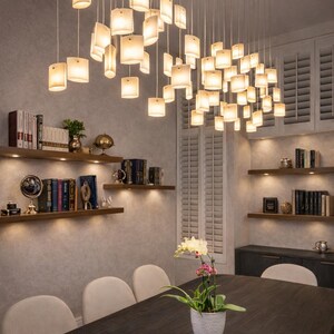 Modern Chandelier Dining Room Lighting, Modern Glass Pendant Light for Dine Lighting. This Art Glass Lighting is customized to your space 60 pieces Ceiling plate: 72x11.8" (182x30cm)