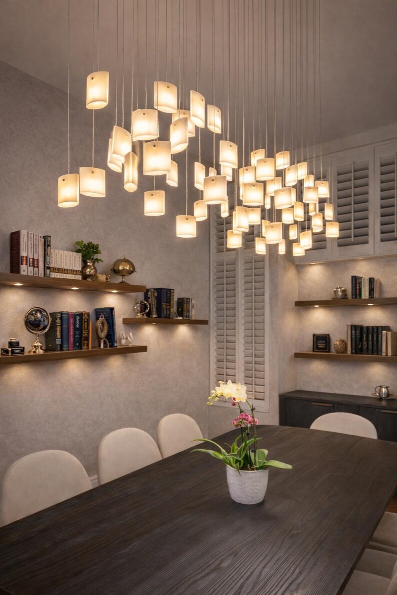 Modern Chandelier Dining Room Lighting, Modern Glass Pendant Light for Dine Lighting. This Art Glass Lighting is customized to your space 60 pieces Ceiling plate: 72x11.8" (182x30cm)