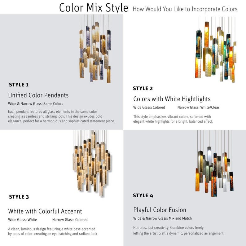 The image is a collage of four different styles of glass pendants, each with a unique color and design. The styles include unified color pendants, colors with white highlights, white with colorful accents, and playful color fusion.