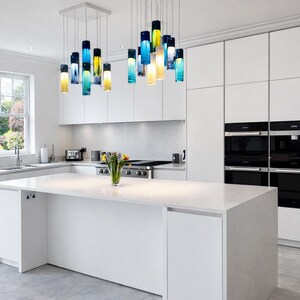 Kitchen Decor Centerpiece: Unique Lighting Blue Chandelier, Turquoise Suspended Blown Glass Pendants In A Linear Chandelier