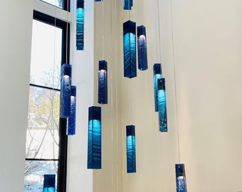 Sea Glass Pendant Light: Blue Glass Art Chandelier, Coastal Decor