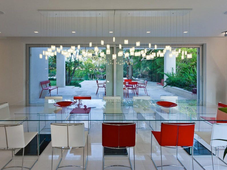 Modern Chandelier Dining Room Lighting, Modern Glass Pendant Light for Dine Lighting. This Art Glass Lighting is customized to your space 72 pieces Ceiling plate: 95×15.7″ (240x40cm)