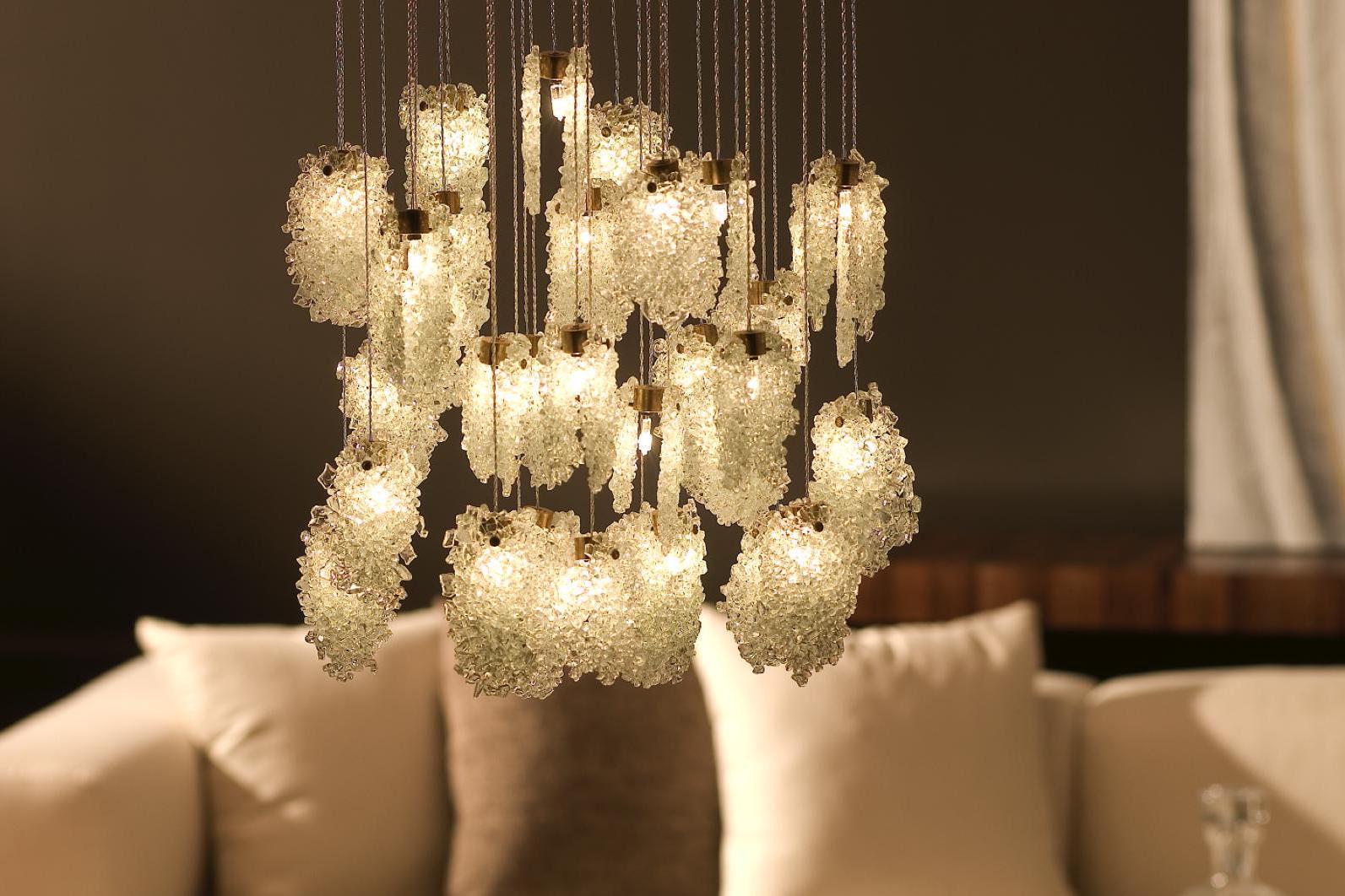 Luxury Lighting Chandelier; Custom Made Lights for Unique Home Décor. Glass Ceiling Light that emits Ambient Light