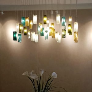 Mid century modern lighting chandelier – &quot;Gleams&quot; modern chandelier in custom stained glass for dining room lighting