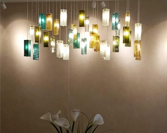 Mid century modern lighting chandelier – &quot;Gleams&quot; modern chandelier in custom stained glass for dining room lighting