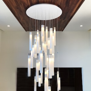 Modern Foyer Chandelier Large Stairway Lighting. Art Glass Contemporary Light, Modern Ceiling Light Fixture for High Ceiling Spaces