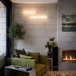May include: A modern living room with a green sofa, throw pillows, and a metal side table. The room features a fireplace, a rug, and a small tree. Two rectangular lights are mounted on the wall above the sofa.