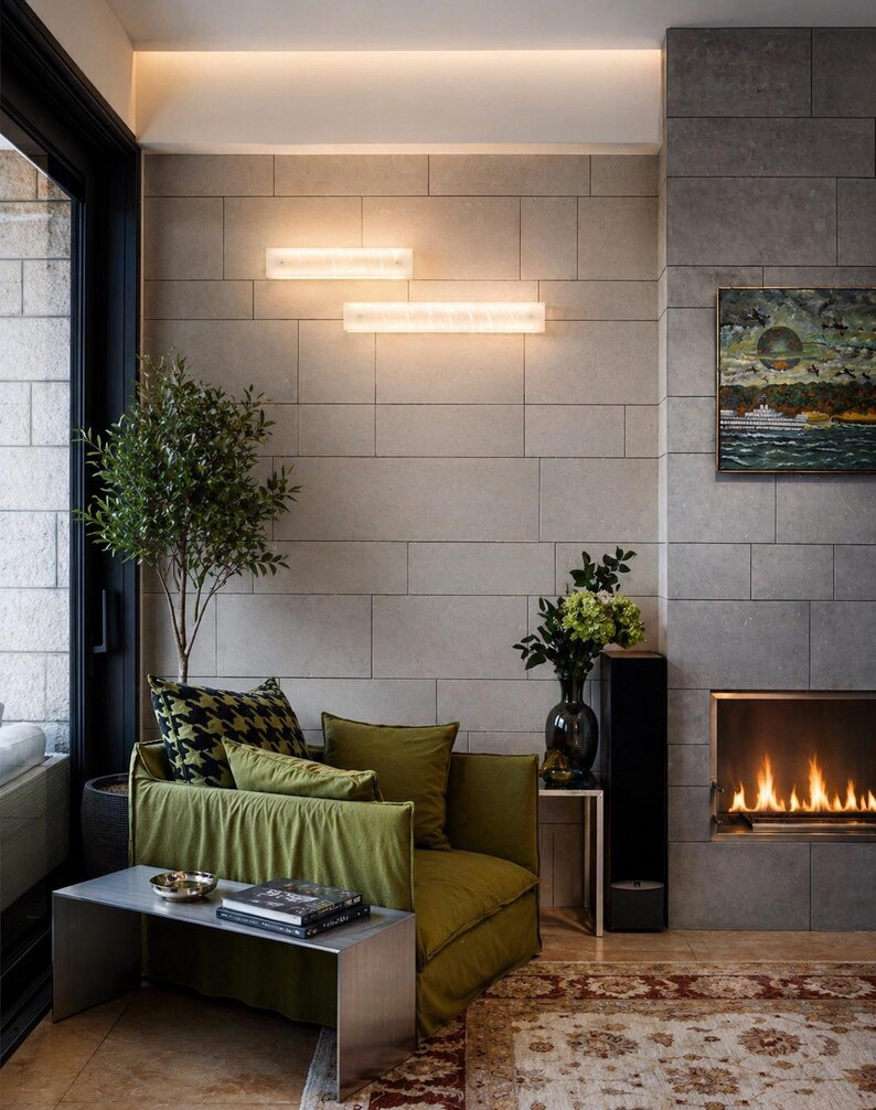 May include: A modern living room with a green sofa, throw pillows, and a metal side table. The room features a fireplace, a rug, and a small tree. Two rectangular lights are mounted on the wall above the sofa.