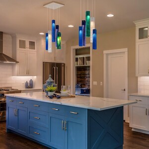 Kitchen Decor Lighting, Modern Home Decor, Ambiance Lighting, Blue Glass Lighting, Custom Designer Lighting, Kitchen Island Lamps, Sea Glass