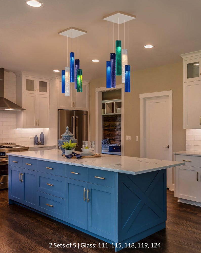 Kitchen Decor Lighting, Modern Home Decor, Ambiance Lighting, Blue Glass Lighting, Custom Designer Lighting, Kitchen Island Lamps, Sea Glass