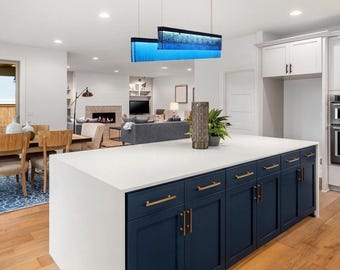 Linear Blue Glass Pendant Light, Kitchen Island Fixture, Bespoke Home Decor