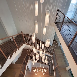 Custom Glass Chandelier: Long Hanging Staircase Lighting, Mid-Century Modern