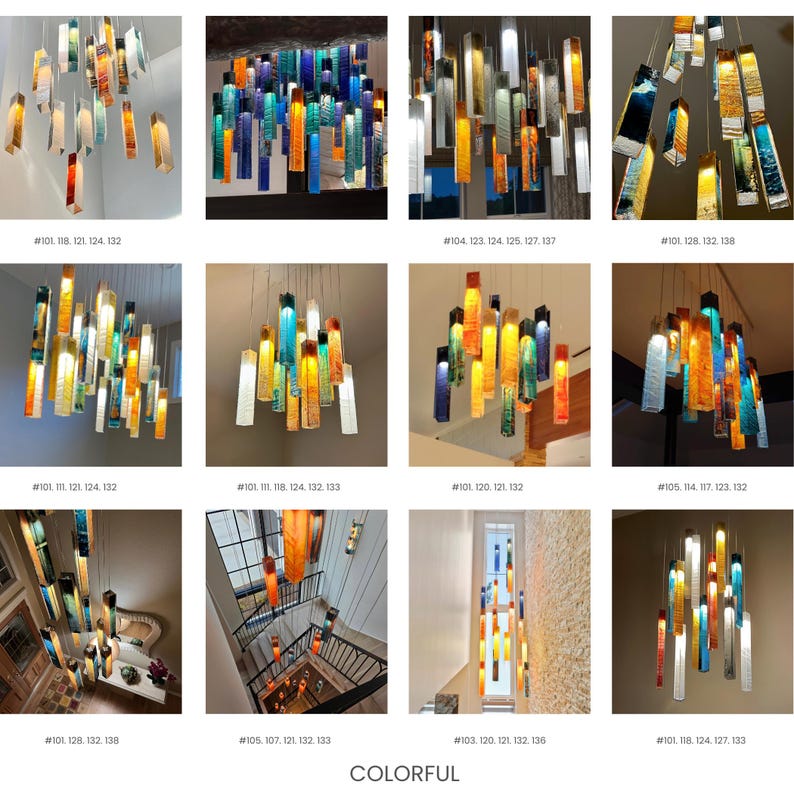 The image is a collage of various photographs showcasing colorful chandeliers hanging from the ceiling.