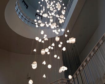 Blown Glass Pendant Light, Foyer Chandelier Lighting. Glass Art Hanging Light Staircase Chandelier. Multi Pendant Light Custom Chandelier