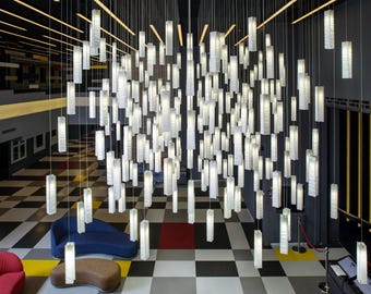 Hotel decor, Commercial Lighting, UL Listed. Custom Pendant Chandelier for Restaurant Lighting. A unique Glass Art Statement Chandelier