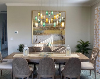 Sea glass light fixture – "Gleams" beach décor cascading lights in custom blue chandelier design for dining lighting