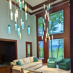 Sea Glass Chandelier | Turquoise Murano Cascade Pendant Lighting for Vaulted Ceiling Living Room — Oversized Colorful Glass Chandelier