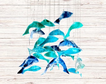 Fish Chandelier. Original Sea Glass Chandelier. Coastal Decor. Stained Glass Lamp.
