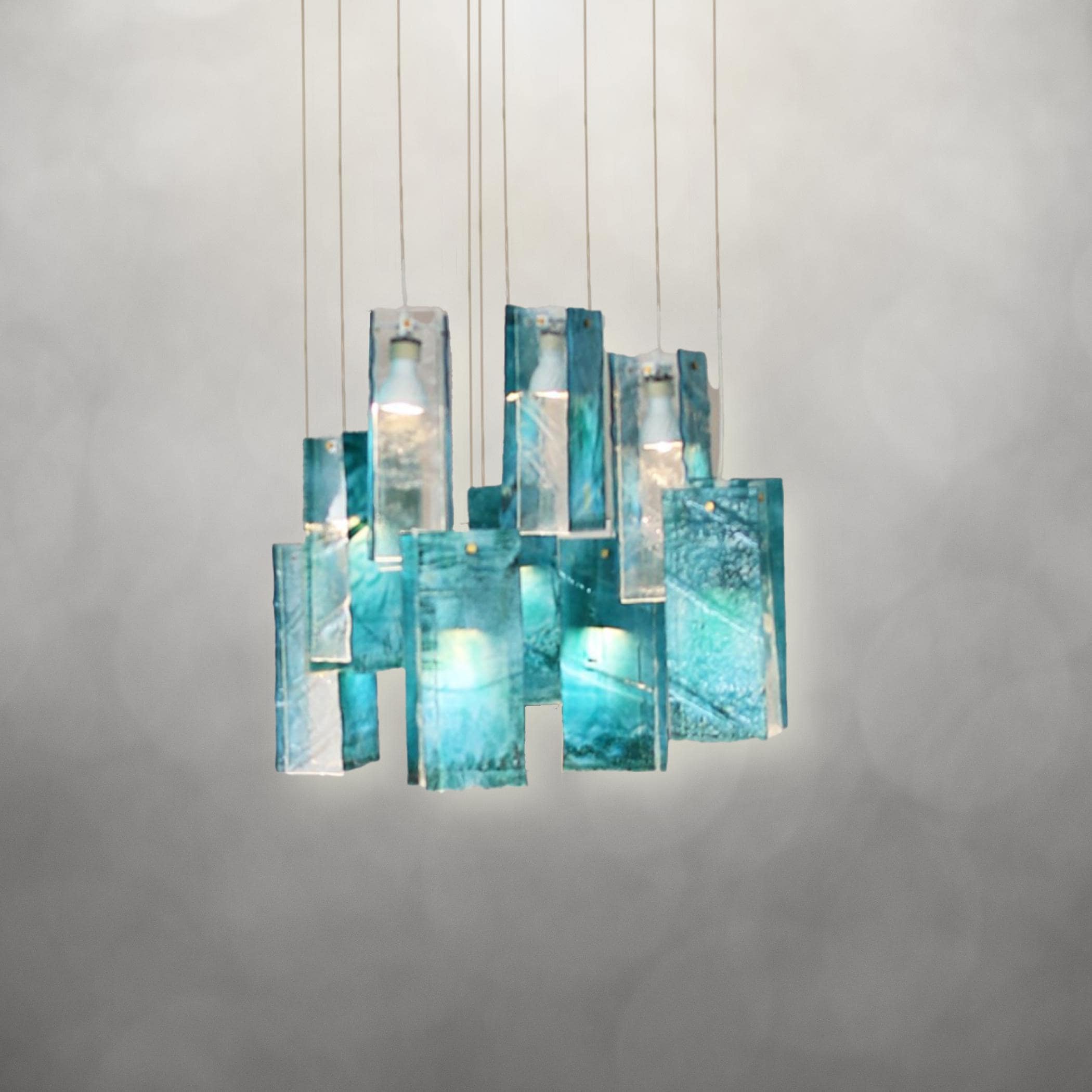 Large GLEAMS Island Lighting or Dine Light Fixture. Turquoise Lamp for Kitchen Pendant Lighting. Unique Chandelier Made of Art Glass.