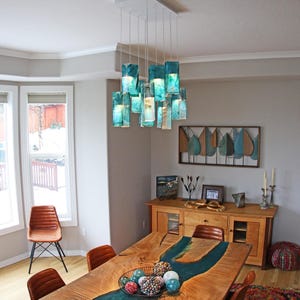 Island Lighting or Dine Light Fixture. Turquoise Lamp for Kitchen Pendant Lighting. Unique Chandelier Made of Art Glass.