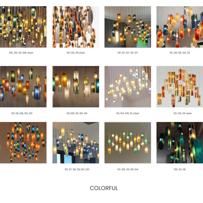 a collection of twelve different images of hanging glass lamps, each with a unique design and color scheme. The lamps are suspended from the ceiling and appear to be illuminated, creating a visually appealing and colorful display.