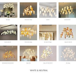 The image is a collage of 12 different images showcasing various chandeliers with white and neutral color schemes. The chandeliers have a clear design and are suspended from the ceiling, creating a visually appealing and elegant display.
