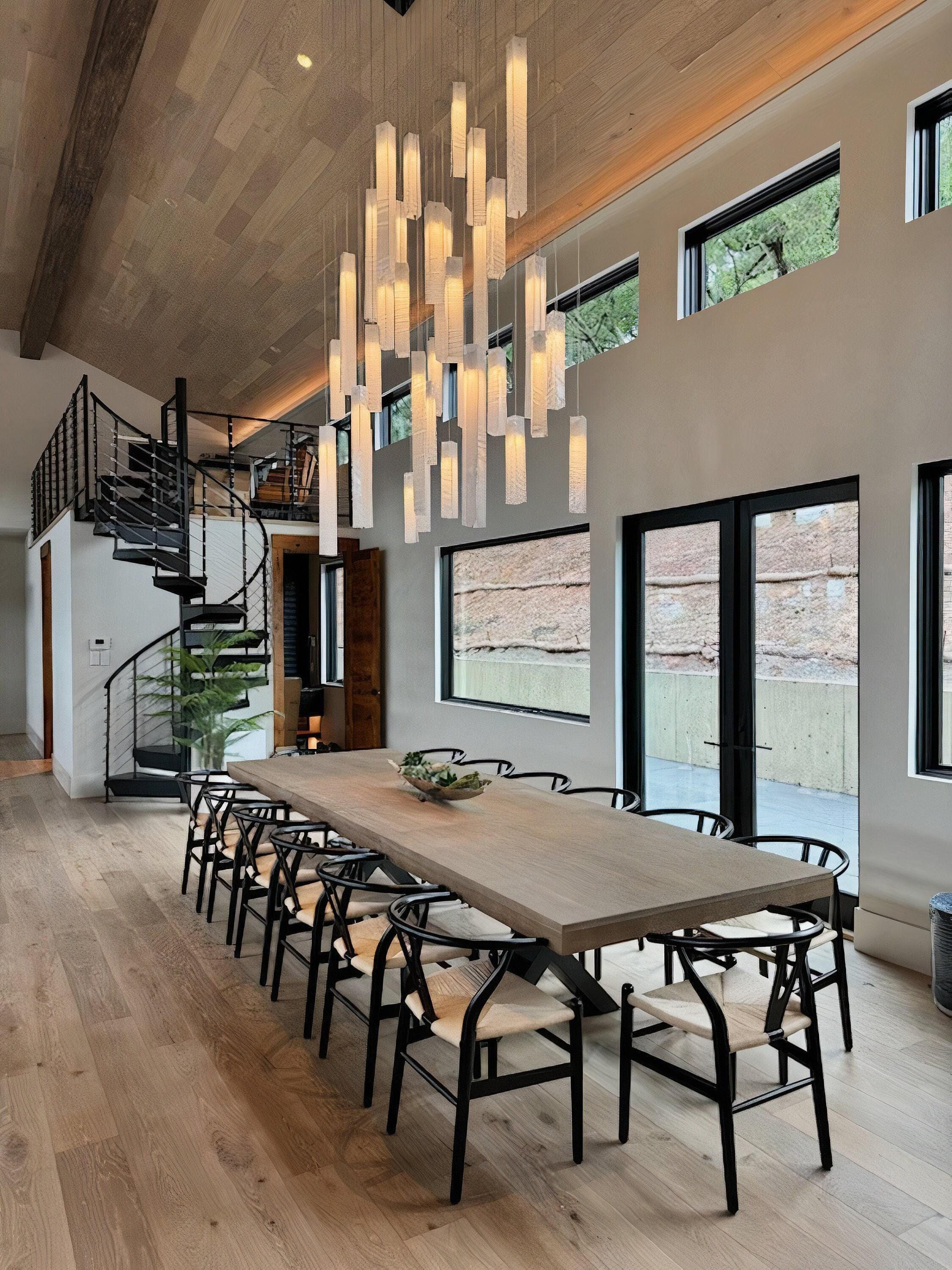Modern Lighting For Dining Room. Dine Room Chandelier Lighting. Hanging Lamp for Dining Lighting. Long Chandelier to fill High Ceiling space