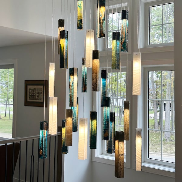 Modern Hanging Light for Breathtaking Foyer Décor or Staircase Chandelier. High Ceiling Light. Long Chandelier