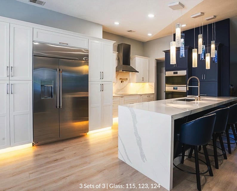 Kitchen Decor Lighting, Modern Home Decor, Ambiance Lighting, Blue Glass Lighting, Custom Designer Lighting, Kitchen Island Lamps, Sea Glass