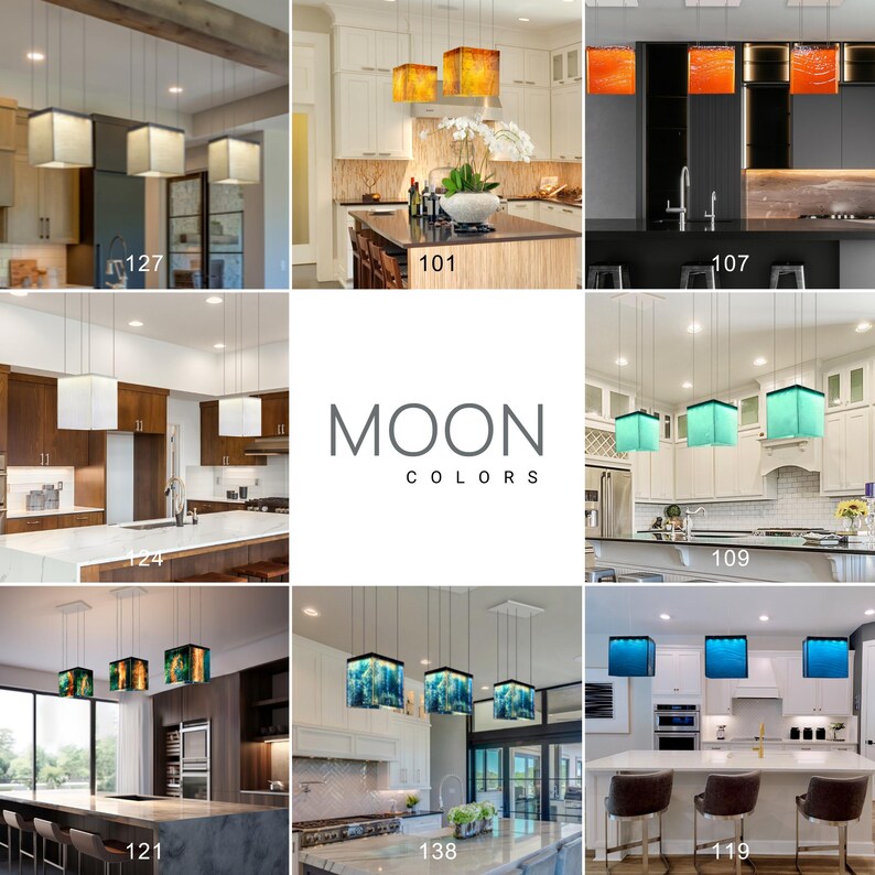 The image is a collage of nine different kitchen designs, each with unique lighting fixtures and color schemes. The central focus is the "Moon Colors" brand, which is represented by the text "MOON COLORS" in the center of the collage.