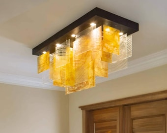 Modern Geometric Stained Art Glass Chandelier, Large Pendant Light for Dining & Foyer