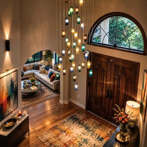 a spacious and well-lit living room with a large arched window, wooden doors, and a chandelier with colorful glass shades hanging from the ceiling. The room is furnished with a sofa, a coffee table, and a rug, creating a cozy and inviting atmosphere.