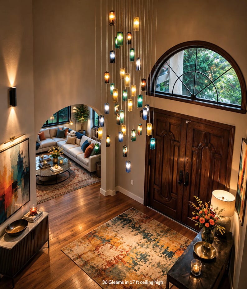 a spacious and well-lit living room with a large arched window, wooden doors, and a chandelier with colorful glass shades hanging from the ceiling. The room is furnished with a sofa, a coffee table, and a rug, creating a cozy and inviting atmosphere.