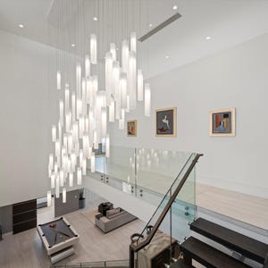 Stairway Light. Unique Large chandelier consists of Cascading Stained Glass Pendants. Made to Order to perfectly fit your Space