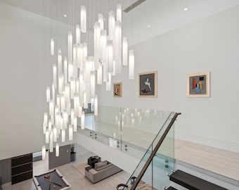 Stairway Light. Unique Large chandelier consists of Cascading Stained Glass Pendants. Made to Order to perfectly fit your Space