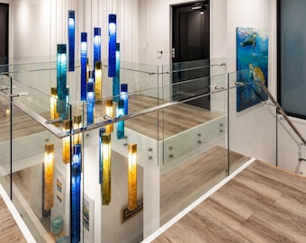Murano Glass Chandelier, Colorful Blown Glass Chandelier for Two Story Foyer. Modern Sculptural Overhead Lighting