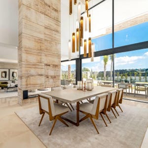 Long Chandelier for Dining Room with High Ceiling. Cascading Chandelier. Modern Dining Lighting